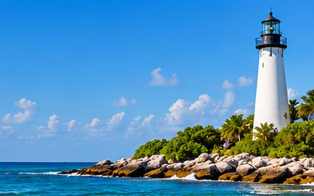 A white lighthouse above a rocky point, palms and blue Atlantic water