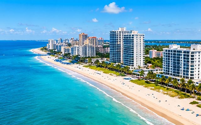 Beachfront condominium towers beside a wide sandy beach and turquoise Atlantic water