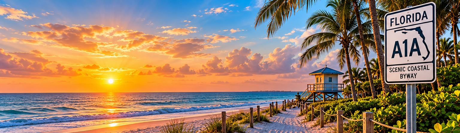 Sunrise over the Atlantic beside a lifeguard stand, a roped beach path and a Florida A1A Scenic Coastal Byway sign