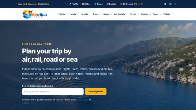 Air or Sea Travel homepage with a coastal photo and a trip search box