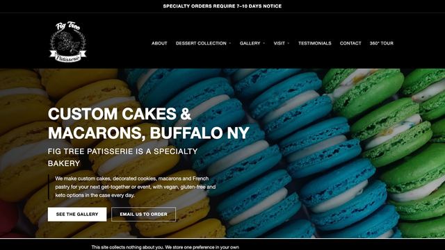 Fig Tree Patisserie homepage with a macaron photo and custom cakes headline