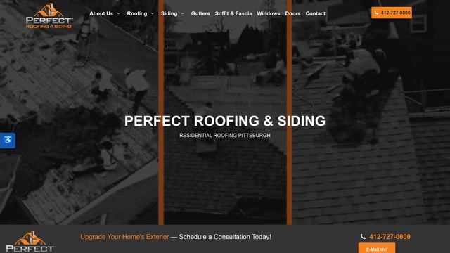 Perfect Roofing and Siding homepage with a roofing photo and a consultation banner