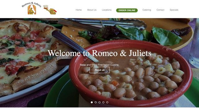 Romeo and Juliet's Caffe homepage with an Italian dish and online ordering button