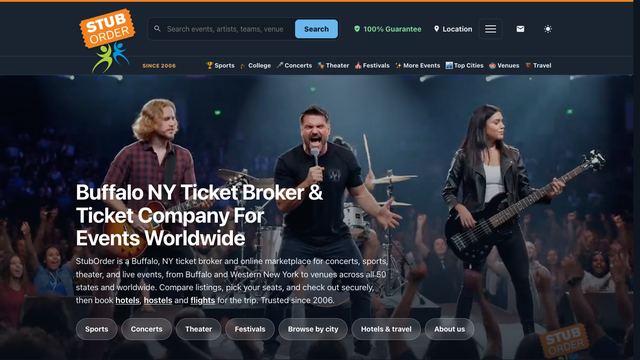 StubOrder homepage with a live concert photo and an event search bar
