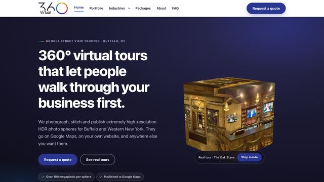 Virtual 3 Sixty homepage with a 3D cube showing 360 degree virtual tours
