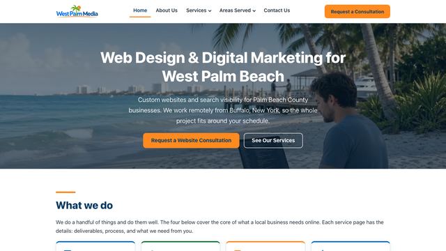 West Palm Media homepage with a West Palm Beach waterfront video and consultation button