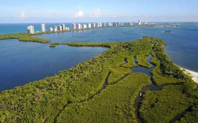 Aerial view of Munyon Island in the lagoon at John D. MacArthur Beach State Park in North Palm Beach, with Singer Island towers in the distance